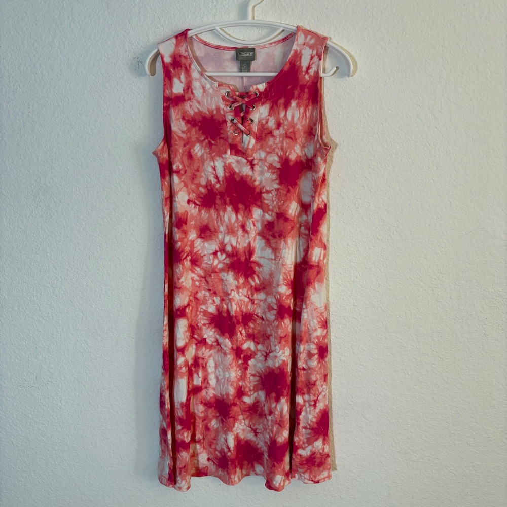 Chico's Star Tie Dye Lace Up Dress Size 0 Small Pink